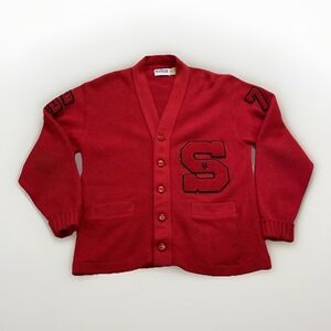 Vintage Varsity Cardigan Mens M Red Knit Acrylic AMF Sweater 80s 70s